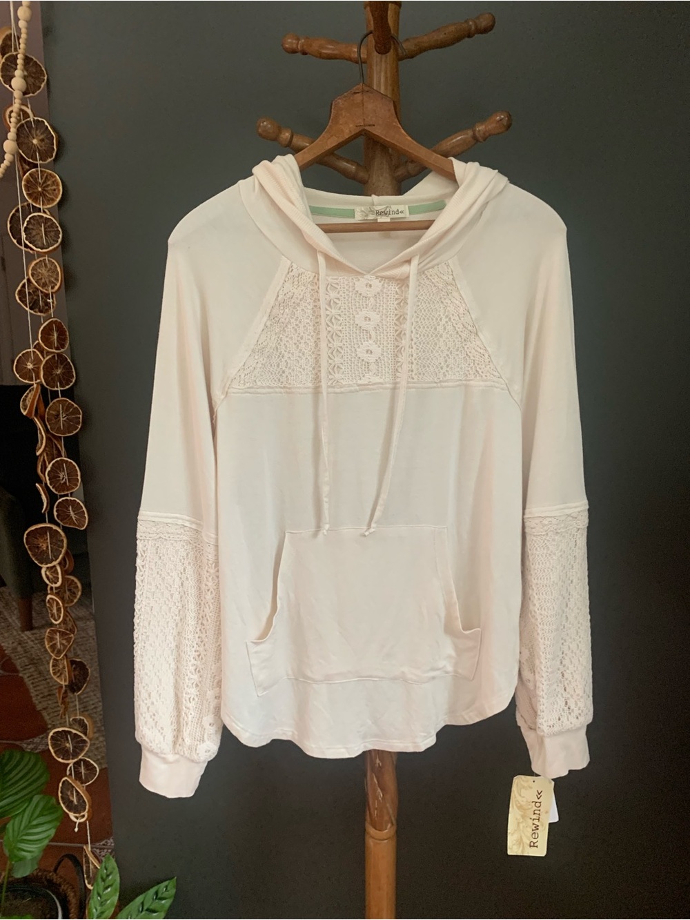 Rewind Cream Lace-Panel Pullover Hoodie